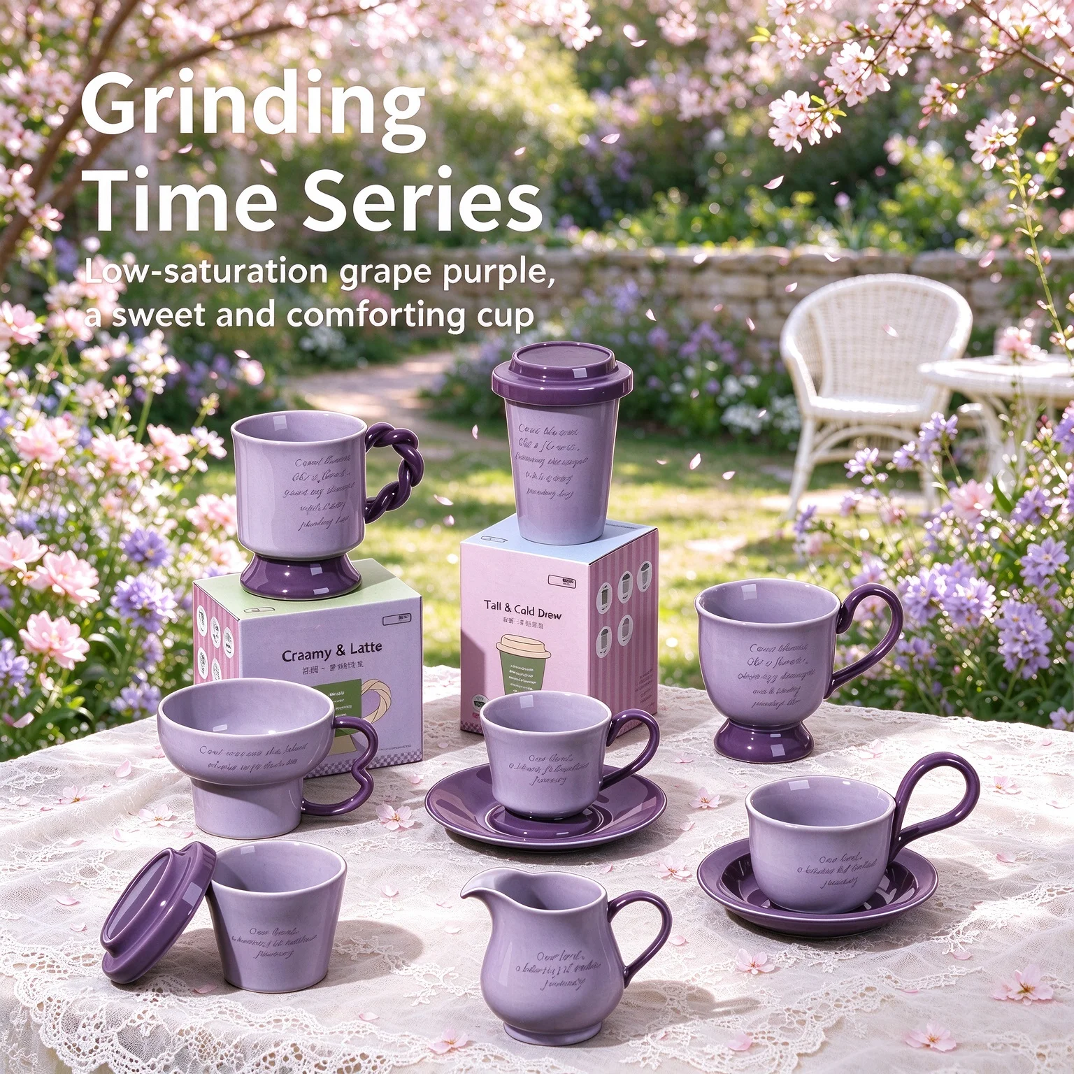 SHUNXIANG Ceramic Coffee Cup Grape Purple Porcelain Coffee Cup Set Multi-Capacity 220-450ml INS Style Mug with Handheld Gift Box