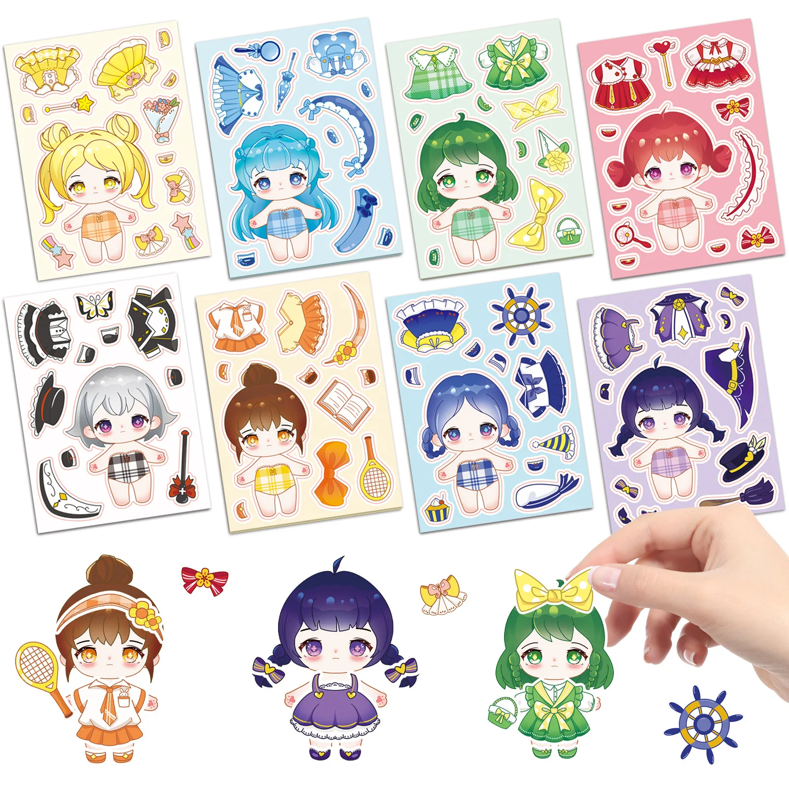 8 arkuszy naklejek z kreskówkowymi postaciami w stylu Q, bawełniane lalki, puzzle DIY, gra w przebieranki, naklejki na twarz, kreatywna interakcja rodzic-dziecko, seria kreskówkowa