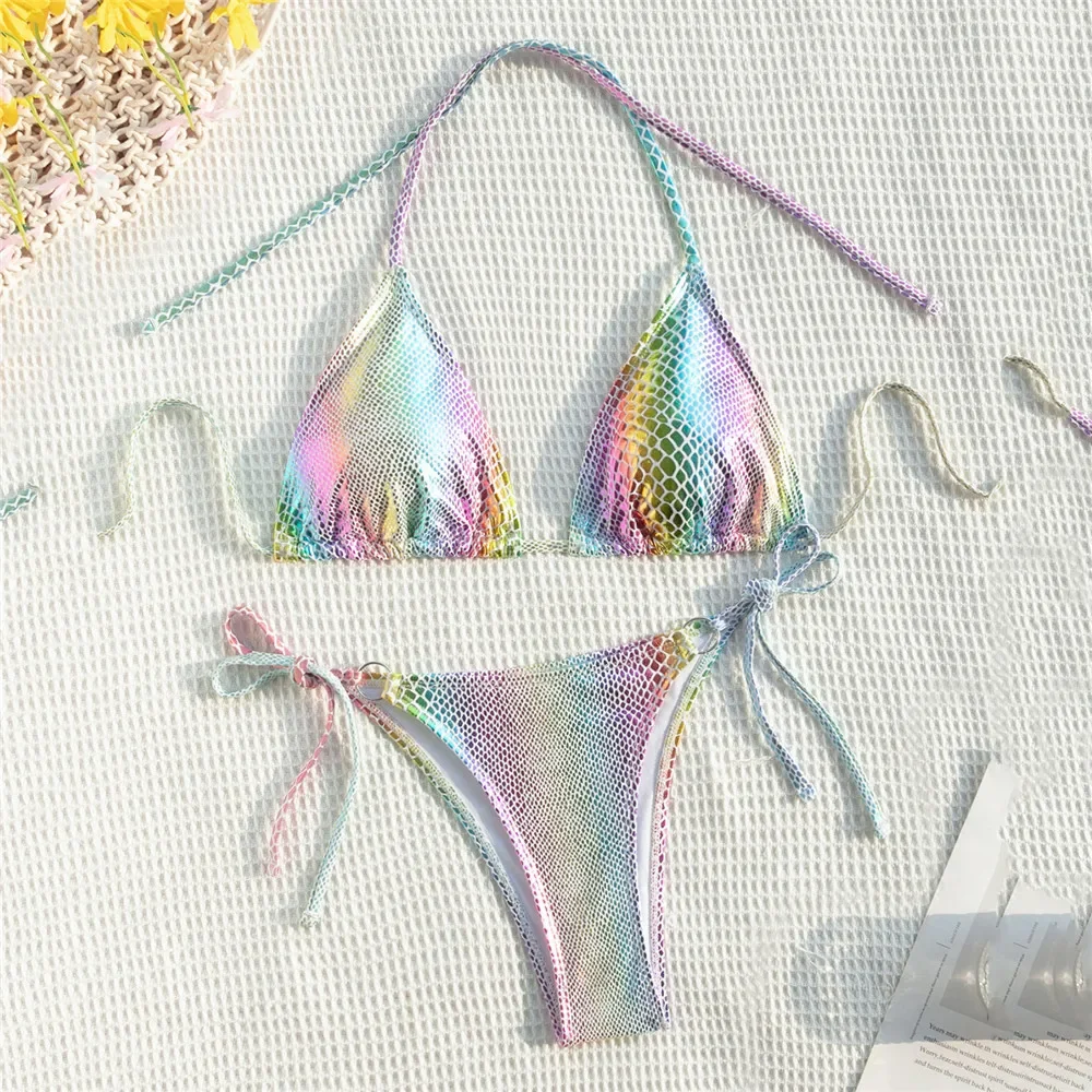 

Color Fish Scale Print String Micro Bikini Thong Sexy Swimsuit Women Halter Swimwear Bathing Suit Triangle Bikinis Sets 2024