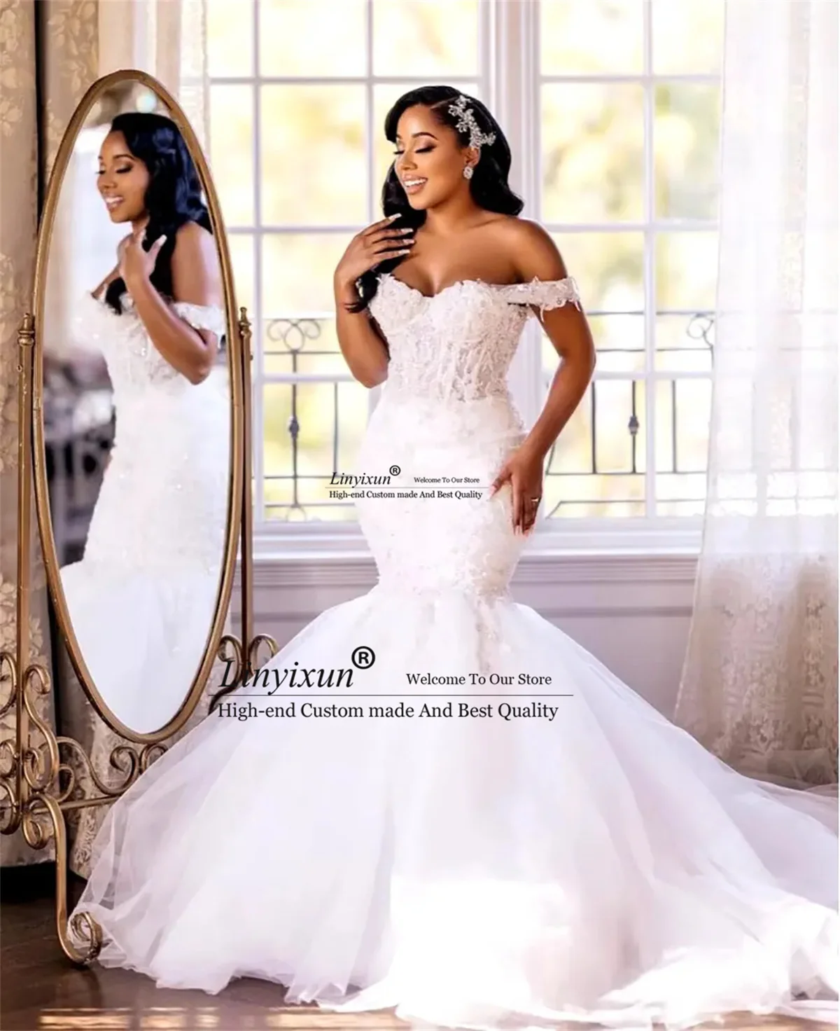 African Elegant Mermaid Wedding Dresses for Bride Off Shoulder Lace up Closure Sweep Train Beaded Bridal Marrige Gown Customized