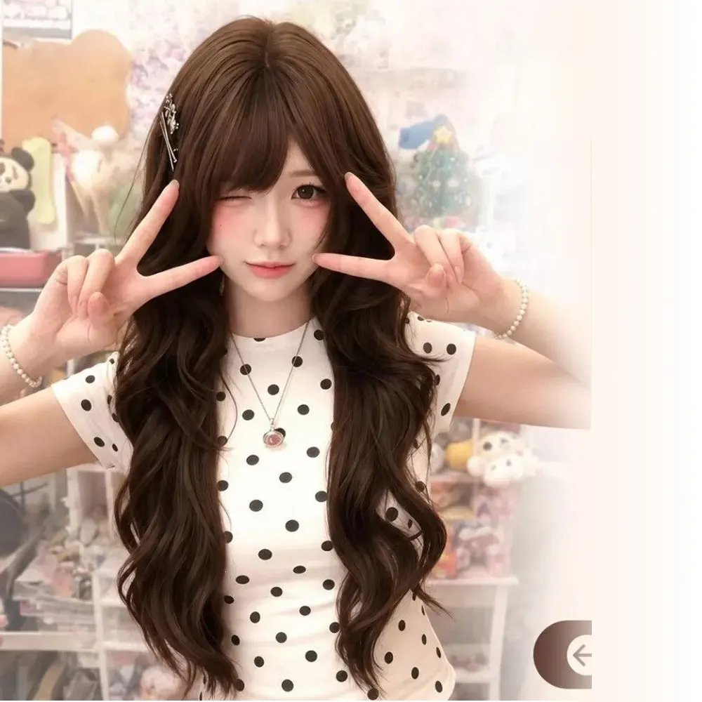 Caramel Brown Lolita Long Wavy Hair Synthetic Wig For Women With Bang Heat Resistant Nature Looking Daily Party Cosplay