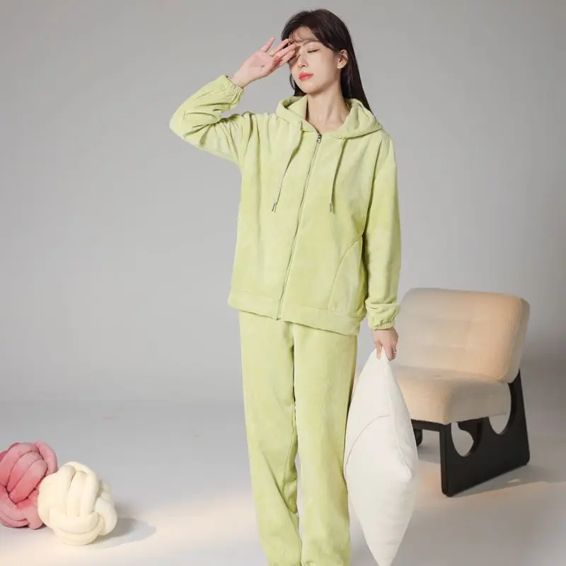 Flannel Warm Pyjamas Set for Women Comfy Soft Lounge Sets Solid Color Hooded Top and Long Pants 2pcs Pjs Sleepwear Pajamas Sets