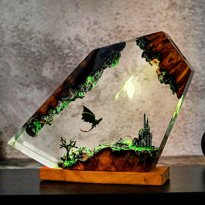 Lámpara de mesa de resina con organismo de dragón, lámpara de decoración artística creativa, tema de figura de dibujos animados, luz nocturna de 7 colores, carga USB