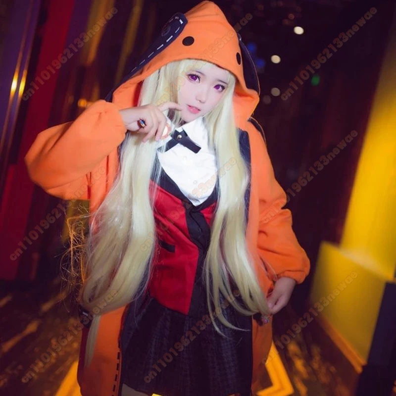Yomozuki Runa Cosplay Costume Anime Kakegurui Cosplay Wig and Orange Hooded Jacket School Uniform Halloween Costume for Women