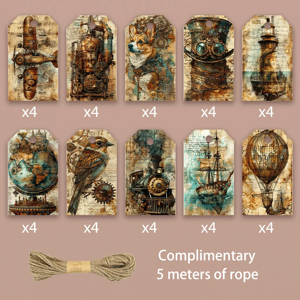 40pcs, Gift Tags, Vintage Steampunk Style Art, Hanging Paper Labels for Gift Wrapping, Holiday Party Decor with String