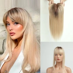 Human Hair Toppers Clips in Blonde Ombre Hairpieces Hair Toppers with Bangs Remy Human Hair Extensions for Women 10/14 inches