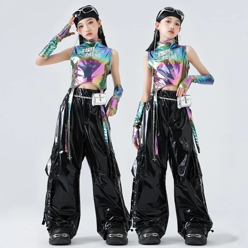 

2025 Trend Girls Jazz Dance Costume Fashion Leather Navel Tops Pants Kpop Modern Dance Performance Clothes Stage Outfit BL16255