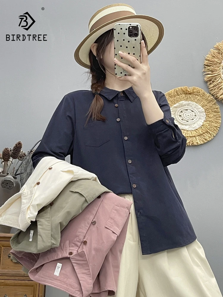 

New 2025 Autumn Cotton Long Sleeve Brushed Shirt, Women Turn-down Collar Pocket, Mori Girl Fashion Casual Loose Blouse T5N420CC