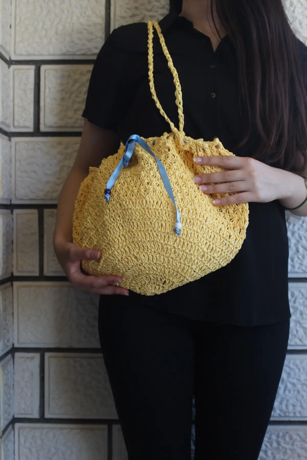 Uras Handmade Yellow Paper Rope Mesh Beach Bag-