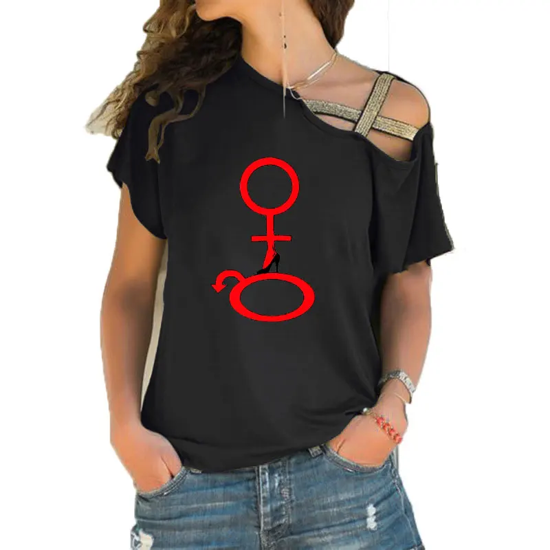 Women T-shirt Loose Slash Neck T Shirt Ladies Hot-wife Printing T-shirt Summer Casual Irregular Skew Cross Bandage Tops Tee