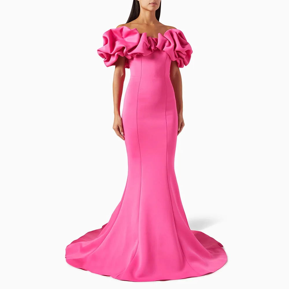 

Customized Modern Evening Dress Mermaid Ruffle Off the Shoulder Trumpet Prom Dresses for Women Sleeveless Hot Pink Formal Gowns
