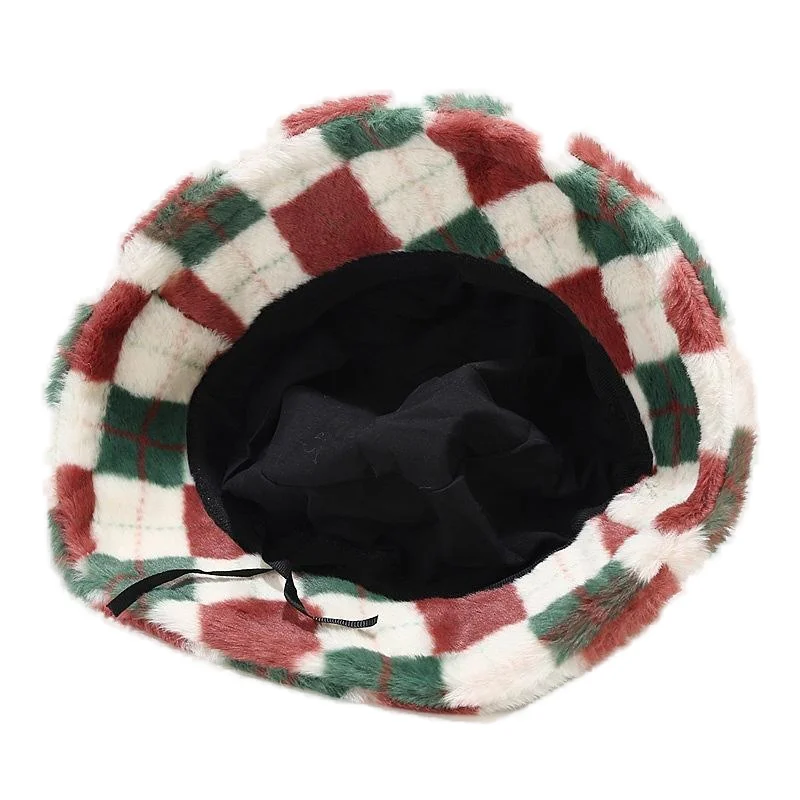 Autumn and winter new contrast color plaid thickened warm fisherman hat outdoor windshield sunshade basin hat net red hat