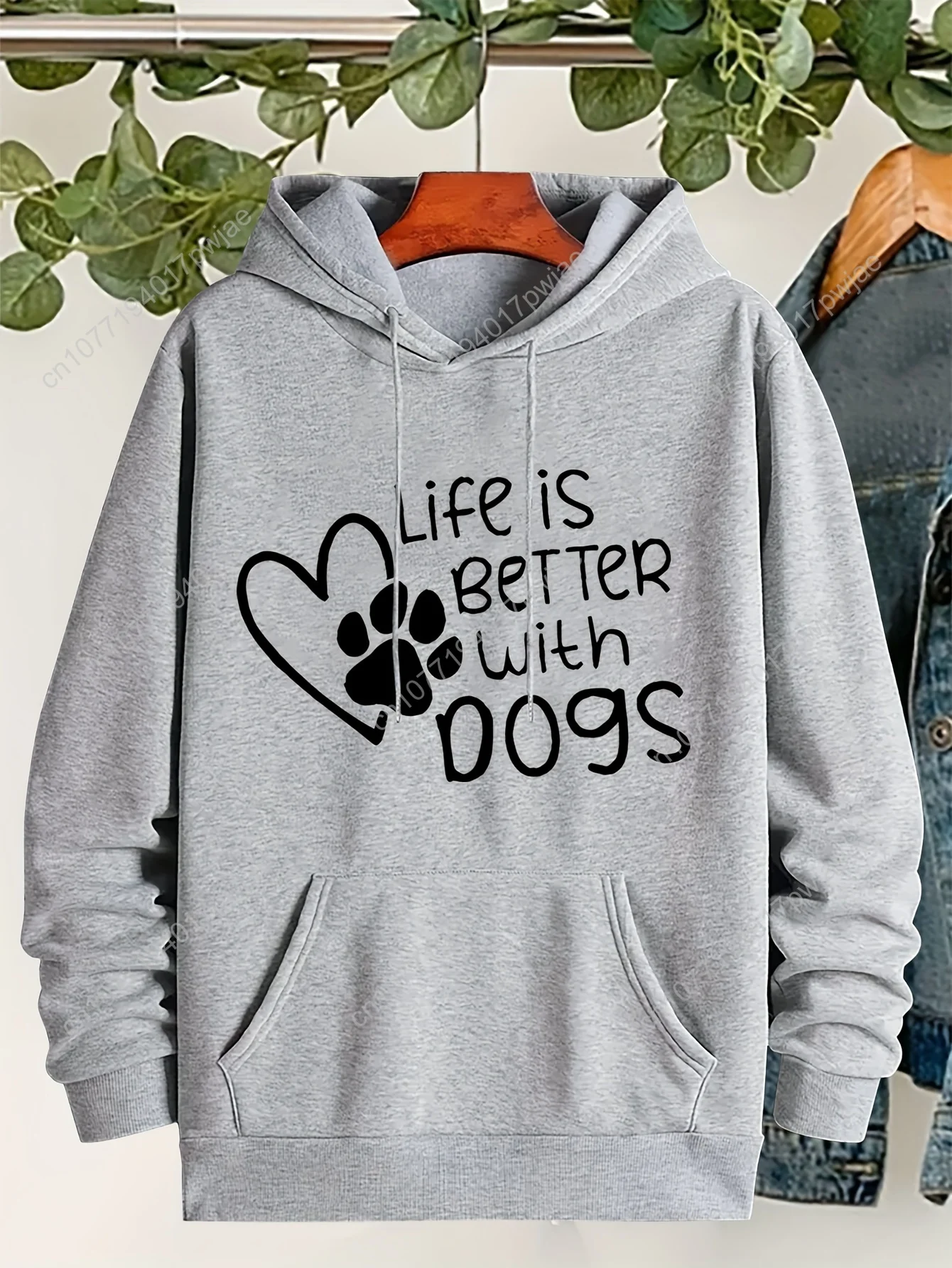 Толстовка с принтом лапы больших размеров, повседневная толстовка с карманом кенгуру «Жизнь лучше с собаками» и капюшоном на шнурке, с длинными рукавами F