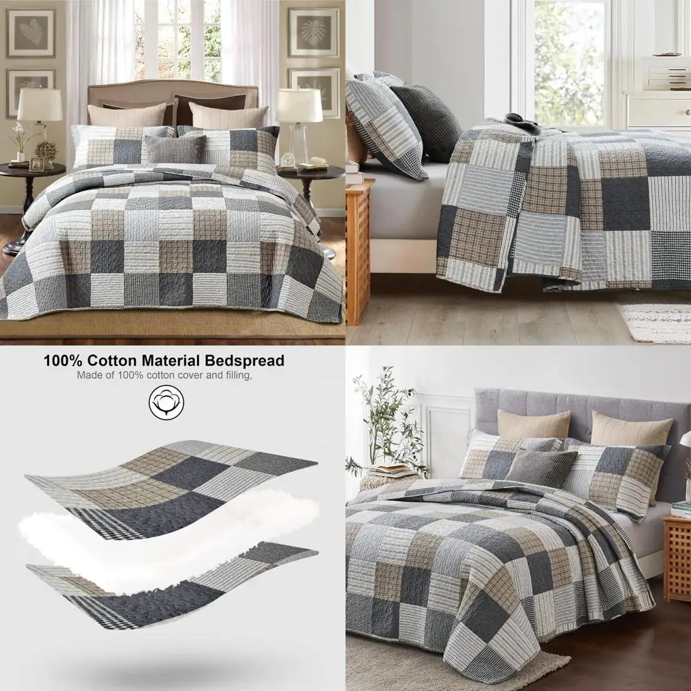 

Queen Size Cotton Quilt Set with Patchwork Plaid Pattern, Farmhouse Style Lightweight Comforter in Grey, Gray, Black, Tan, and W