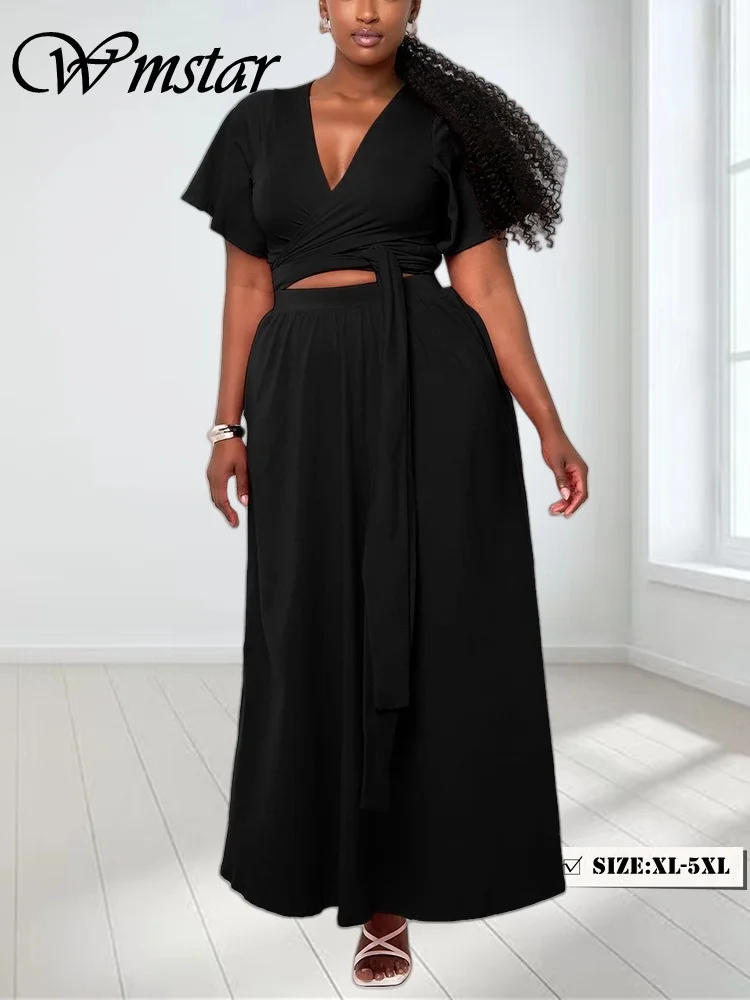 

Wmstar Plus Size Two Piece Dress Sets Wholesale Flared Sleeve Sexy V Neck Top and Maxi Big Swing Skirts Dropshipping Summer