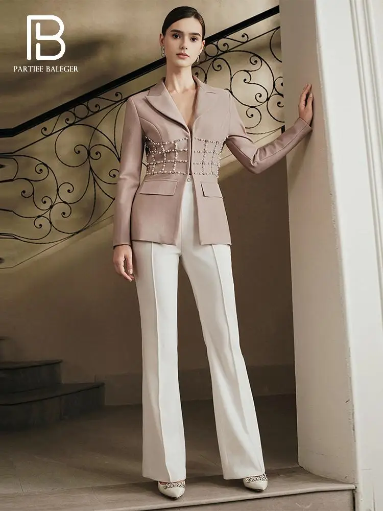 

PB Новый шикарный формальный модный пиджак с жемчужной сеткой телесного цвета и V-образным вырезом с длинными рукавами