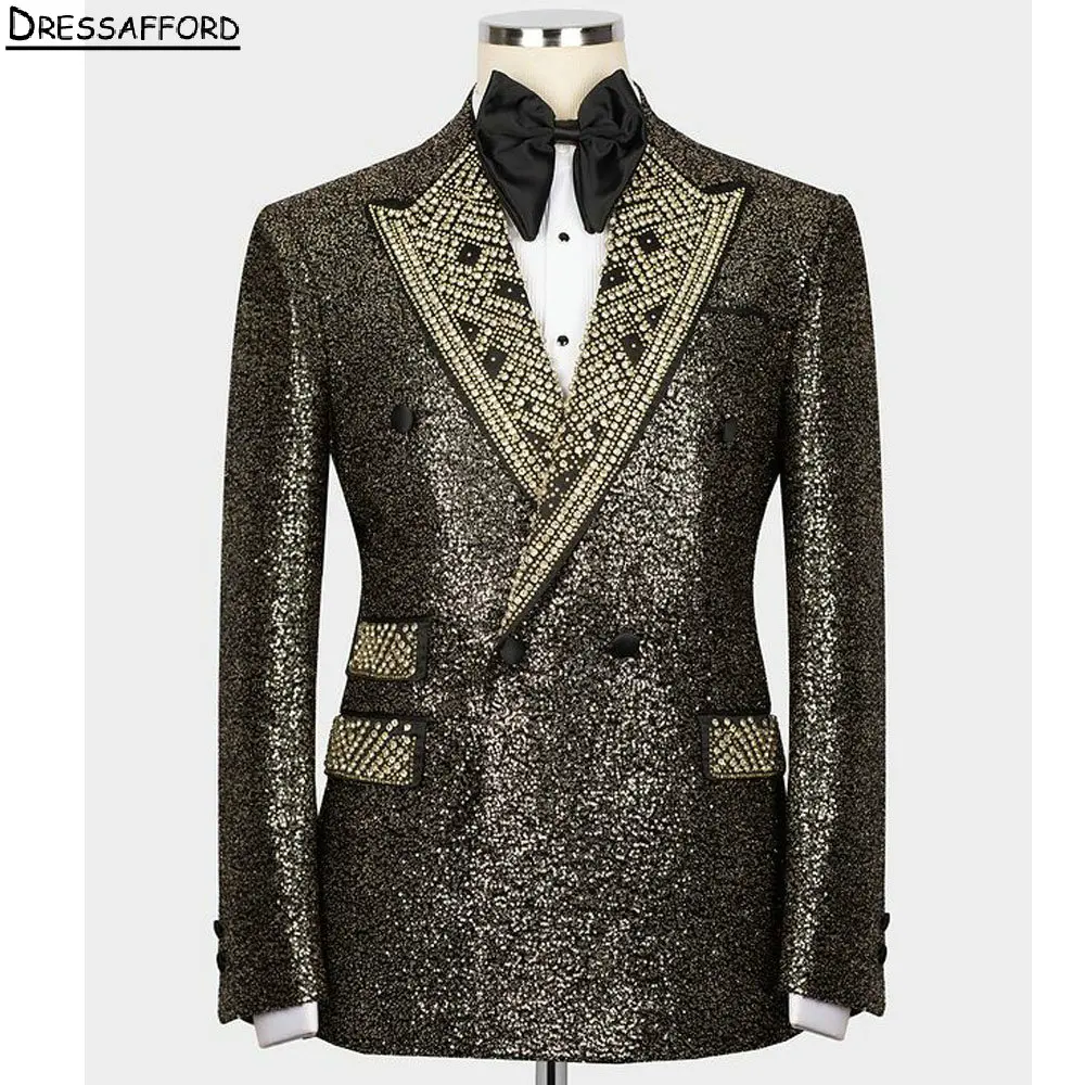 Glitter Crystal Beading Men Suits For Wedding Groom Tuxedos 2 Pieces Jacket Pants Prom Blazers Customized