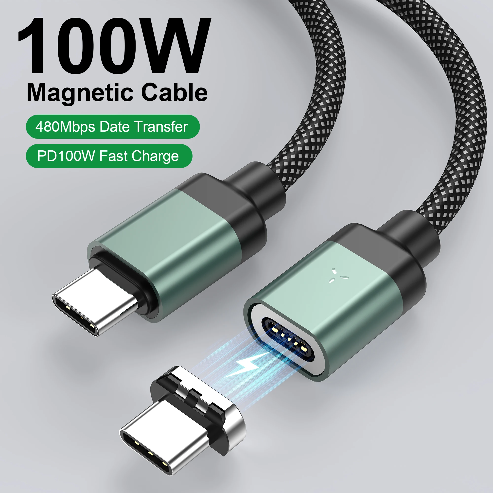 Magnetic USB C Charging Cable 1.2M 100W Type C to Type C Cables Nylon Braided Data Transfer Fast Charging Cord