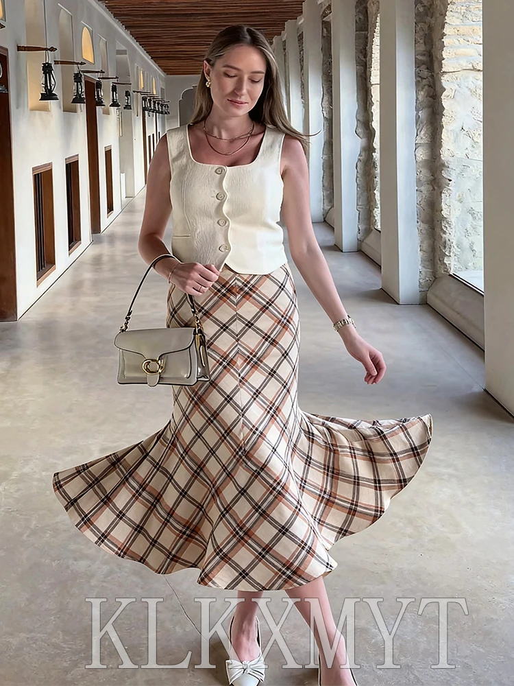 Mulheres vintage impresso midi saia 2026 nova moda xadrez elegante festa saia longa senhora alta rua saias casuais mujer ﻿