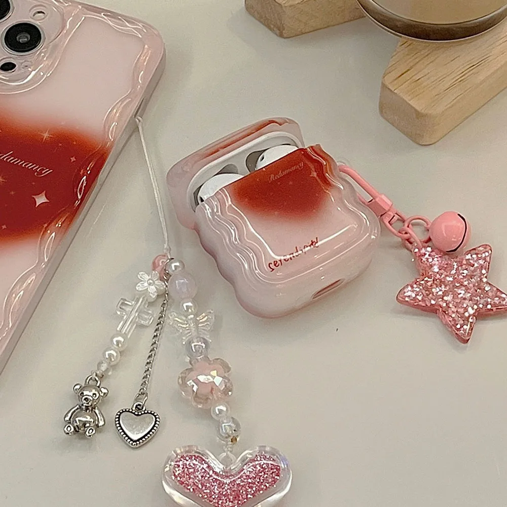 INS Korean Aesthetics Gradient Red Love Heart Earphone Case Sequin Star Pendant For Apple Airpods 1 2 Pro 3 Clear Protective Bag