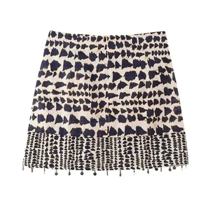 Traf-Mini Women's skirt with stressed print, high waist, rear zipper, vintage fashion, female skirts 8 Main Sales Blue Skirt - №4