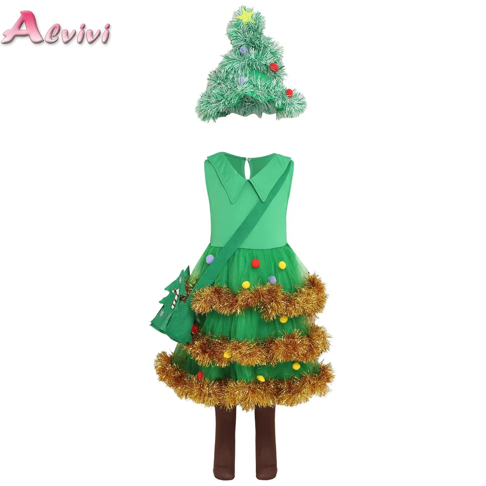 

2025 Christmas Kids Girls Costume 4Pcs Cute Green Elf Christmas Tree Cosplay Tutu Dress Party Performance Christmas Day Dress Up