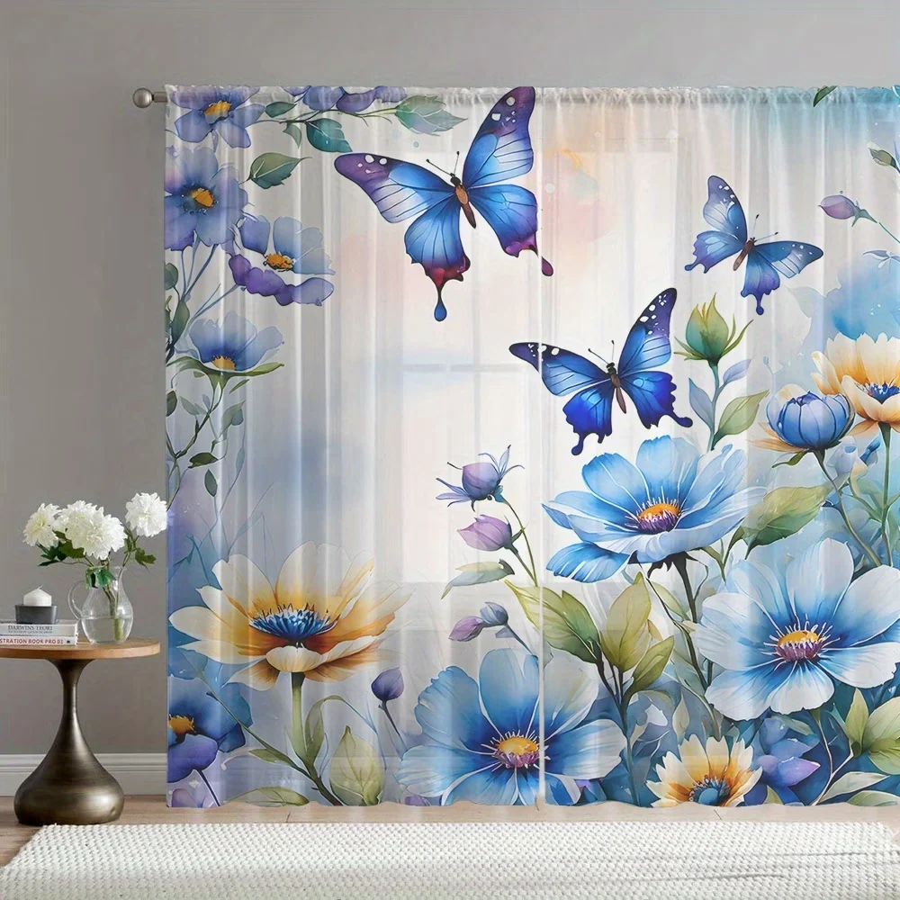 2PCS Digital Printing Sheer Curtain, Forest Trees Misty Mountain Pattern, Nature Scenic Calm Zen Living Room Bedroom Decor