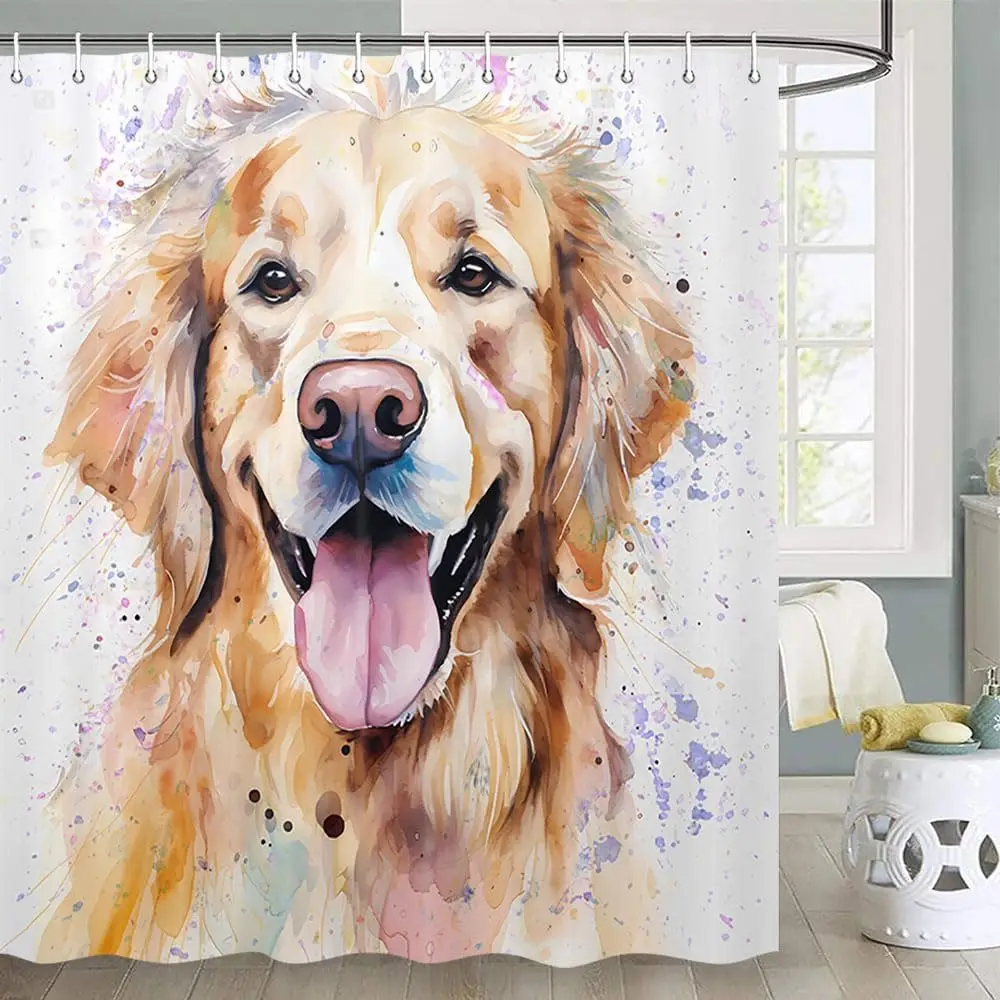 Watercolor Golden Retriever Shower Curtain, Colorful Dog Portrait Bath Decor Artistic Pet Lover Gift Waterproof Polyester Fabric
