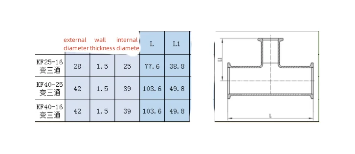 KF25(NW25)-KF16(NW16) Tee 3-way T type Flange Tri Clamp Reducer Tee Adapter Vacuum Flange Pipe Tube Fitting Stainless Steel 304