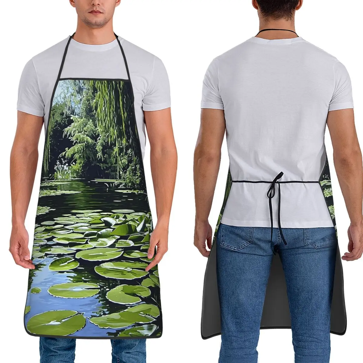 Pond, Lily Pads, And Weeping Willows Digital Art Apron Chef Cuisine Tablier Bib Kitchen Cleaning Pinafore for Women Men