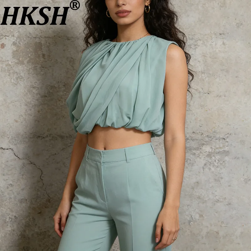 HKSH Women Short Top Solid Color Asymmetric Pleated O-neck Elegant Urban High Street Casual Chiffon Tees New Summer 2026 HK21750
