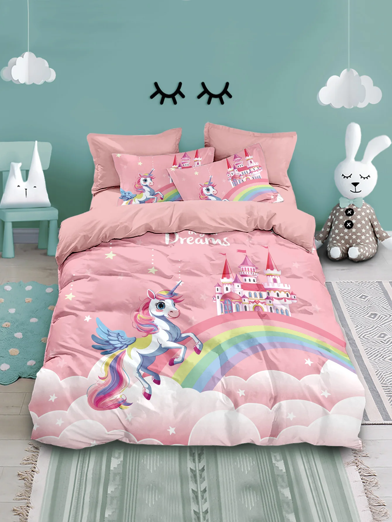 3pcs Cartoon Unicorn Pattern Print Duvet Cover Set, Soft, Comfortable and Breathable, for Bedroom, Hotel, Best Gift for Girls