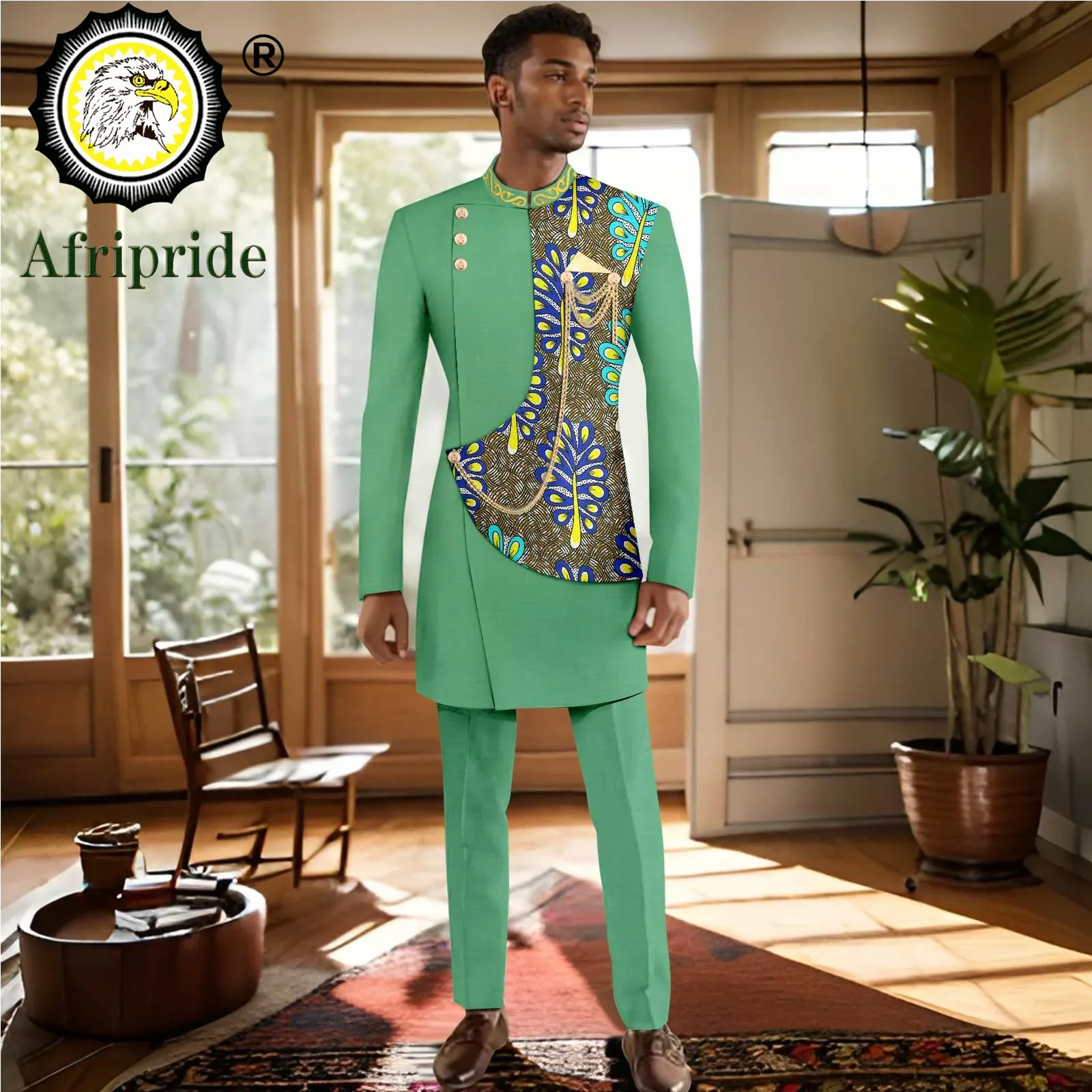 Men`s Suit Slim Fit Embroidery Gold Chain Single Breasted Blazer and Trousers 2 Piece Set Print Outfits African Clothes 2416062