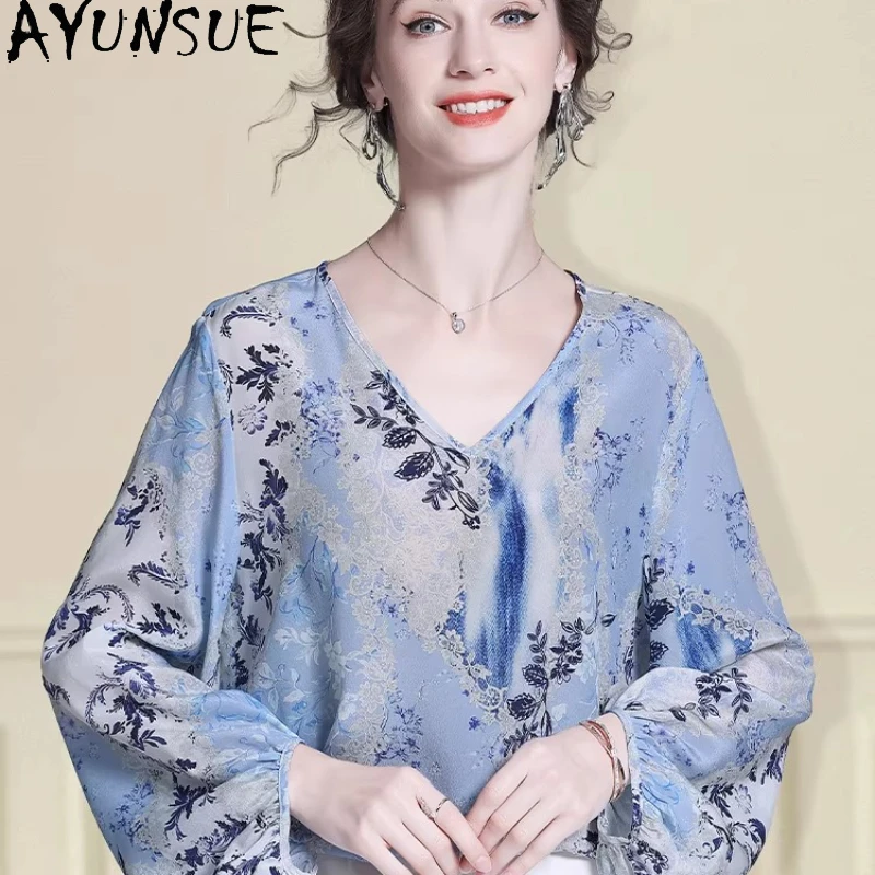 

AYUNSUE 100% Real Mulberry Silk T-shirt Elegant Blouse for Women Summer Clothes Long Sleeve Womens Tops and Blouses Топ Женский