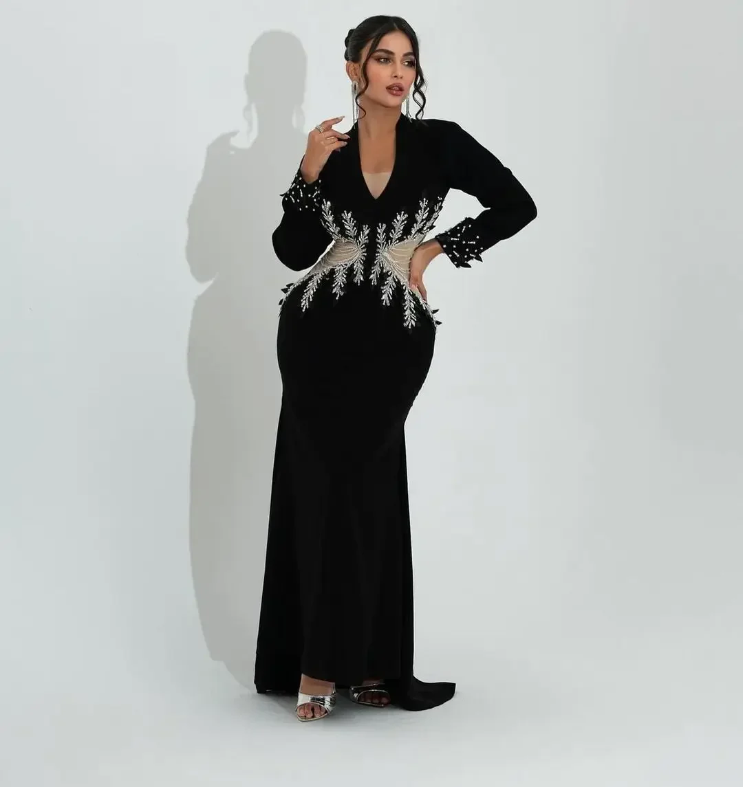 

Customized Black V Neck Mermaid Prom Dresses Long Sleeves Evening Dresses Beadings Floor Length Party Dresses for Special Ocn