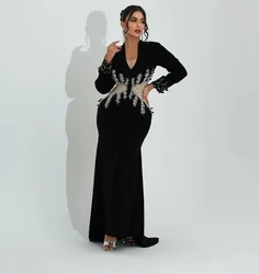 Customized Black V Neck Mermaid Prom Dresses Long Sleeves Evening Dresses Beadings Floor Length  Party Dresses for Special Ocn