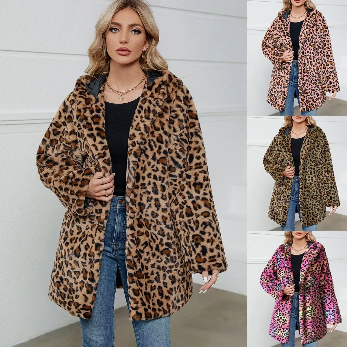 Leopard Print Faux Fur Coat  Fur Coat Women Hooded Autumn and Winter Loose Womens Faux Fur Cardigan