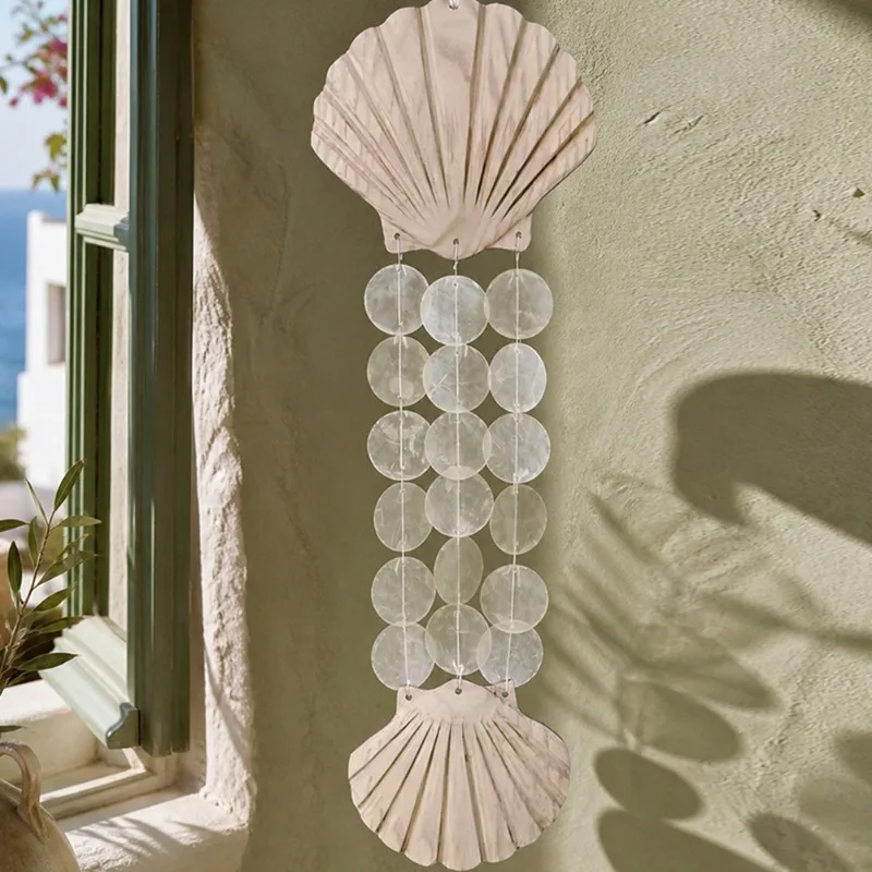 1pcs Wooden Marine Animal Capiz Shell Wind Chime Bohemian Coastal Wall Hanging Decor for Home Balcony Garden Beach Ornament Gift - view 3