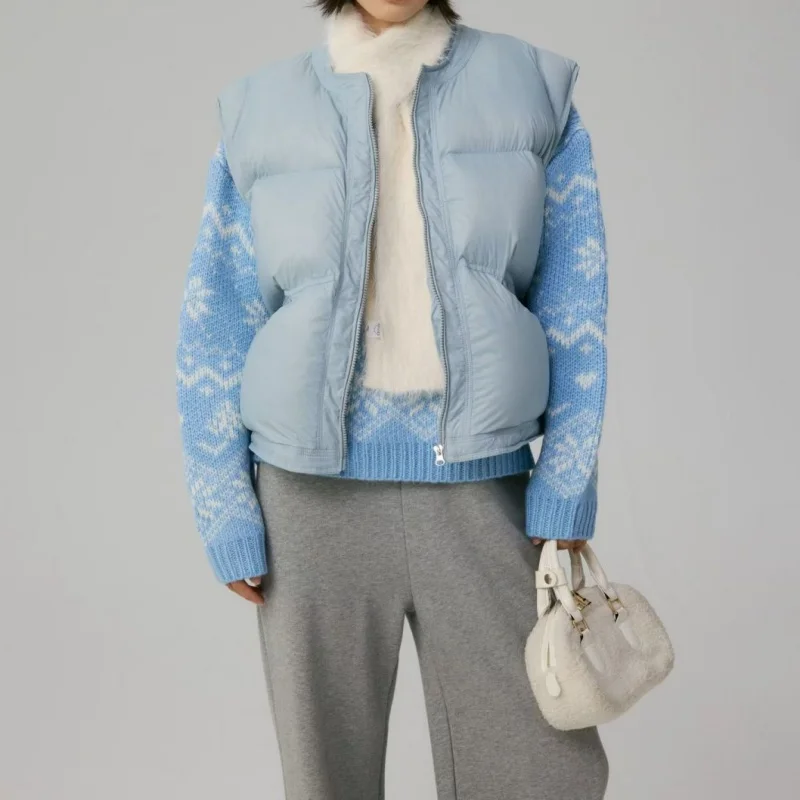 Hochwertige Winter-Weste für Damen mit Rundhalsausschnitt, verdickt, warm, Gänsedaunenweste, modische High-Street-ärmellose Leibchen-Puffy-Weste