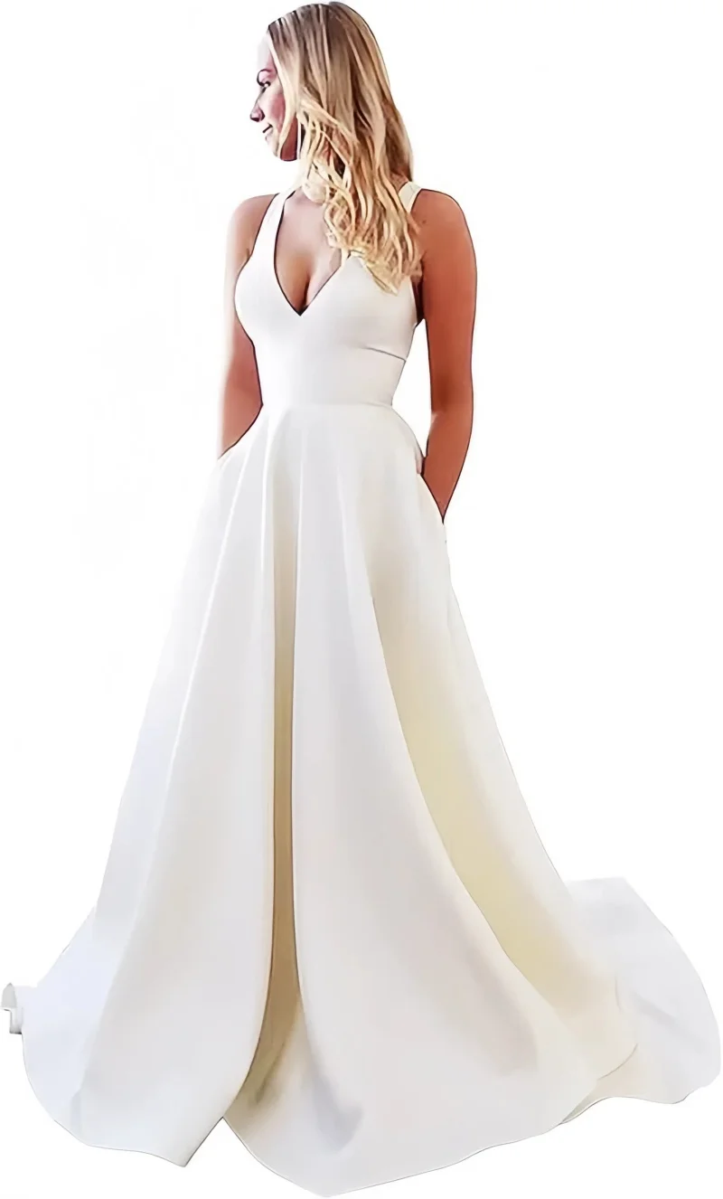 Spaghetti Strap Open Back Wedding Dresses Satin Simple Style Prom Dress V Neck Evening Gown Formal Party Dress with Bow