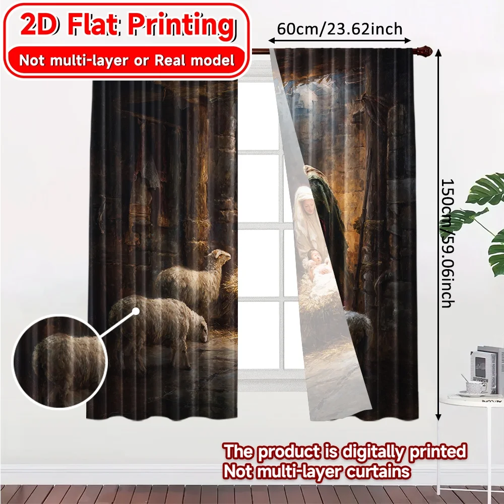 2D Flat Printing,2pcs Nativity Scene Light Filtering Modern Curtains Durable 100% Polyester Fabric Curtains Decorations Inside