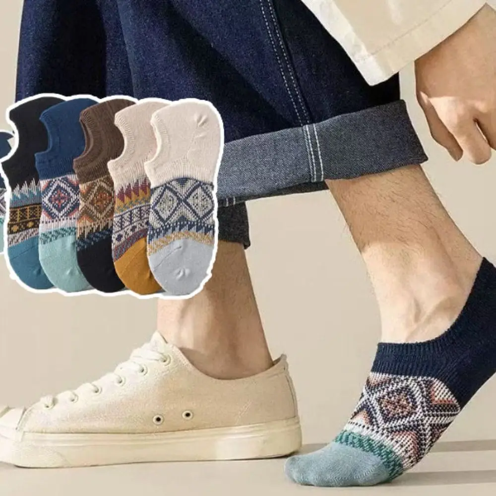 10 ペアグリッドレトロボートソックスエスニックスタイル通気性パッチワークローカーフソックス靴下ショートチューブインビジブルソックス秋