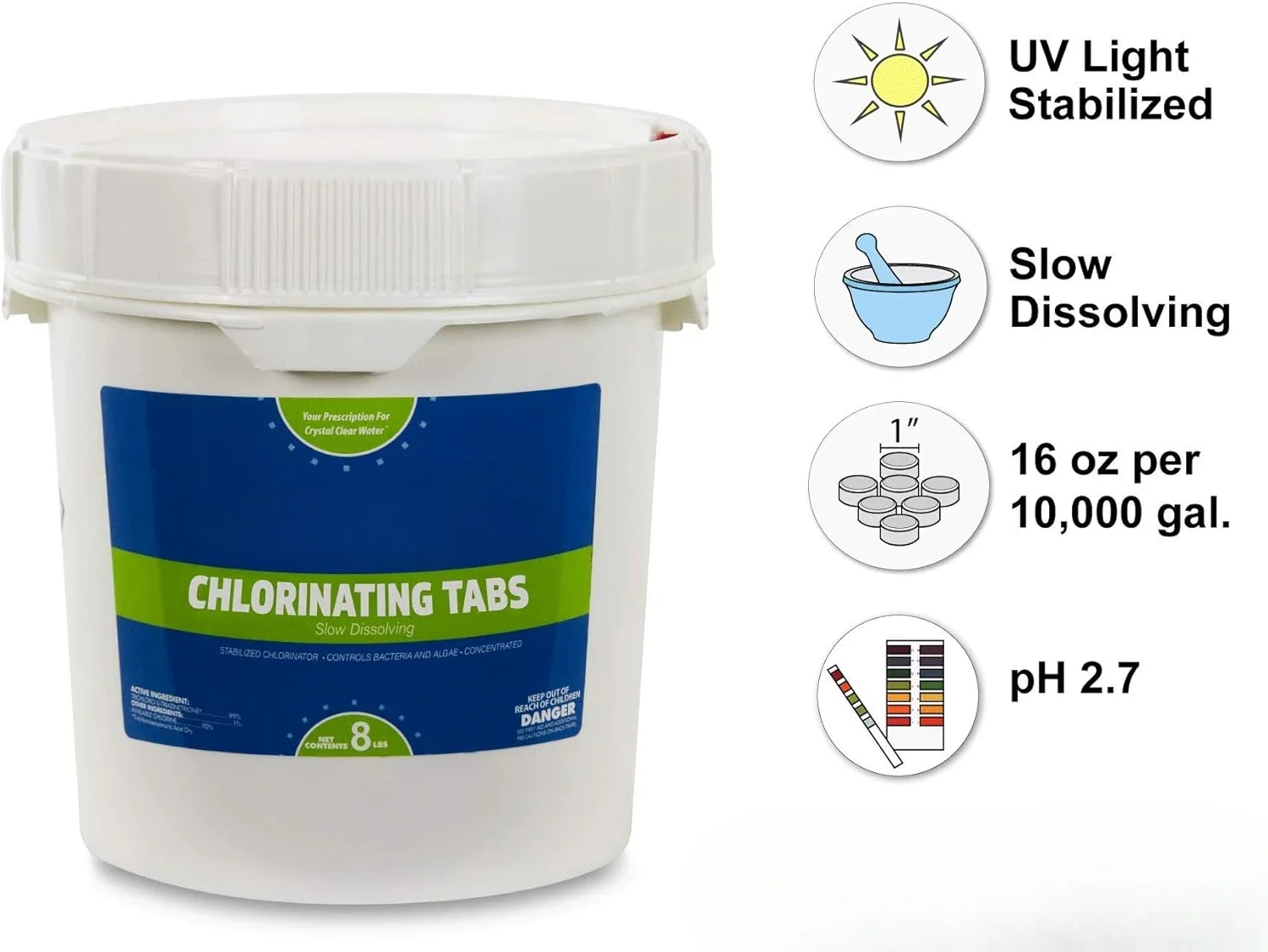 1-Inch Stabilized Chlorine Tablets | Use As Bactericide, Algaecide, and Disinfectant in Swimming Pools | Slow Dissolving