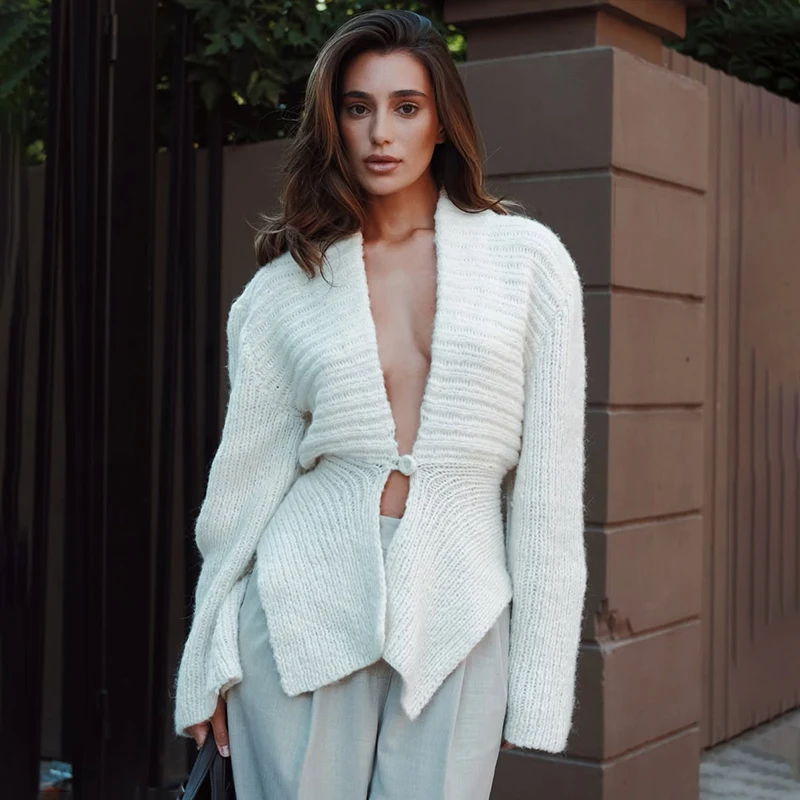

Tornova Retro Knitted Cardigan Irregular Hem Sweater Top 2025 Hot New Autumn Winter V neck Hollow Sexy Sweater Coat Solid Casual