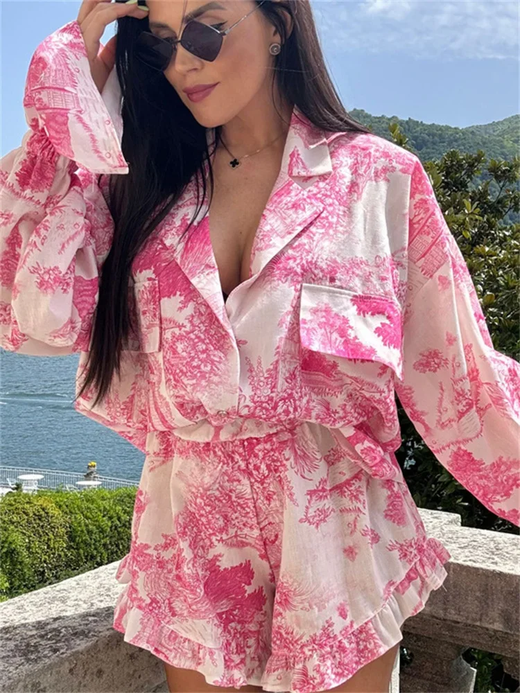 

New Women's Printed Pocket V-Neck Long Sleeve Coat Top And High Waist Shorts Outfits Fashion Ruffled 2 Piece-Set Shorts Female