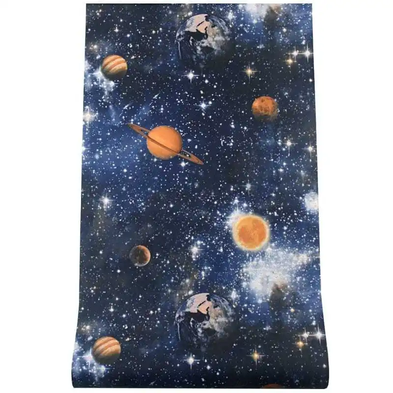 Cosmic Solar System Wallpaper Dark Blue Galaxy Stars Planet Pattern Wall Paper Mural for Nursery Kids Room Home Decoration