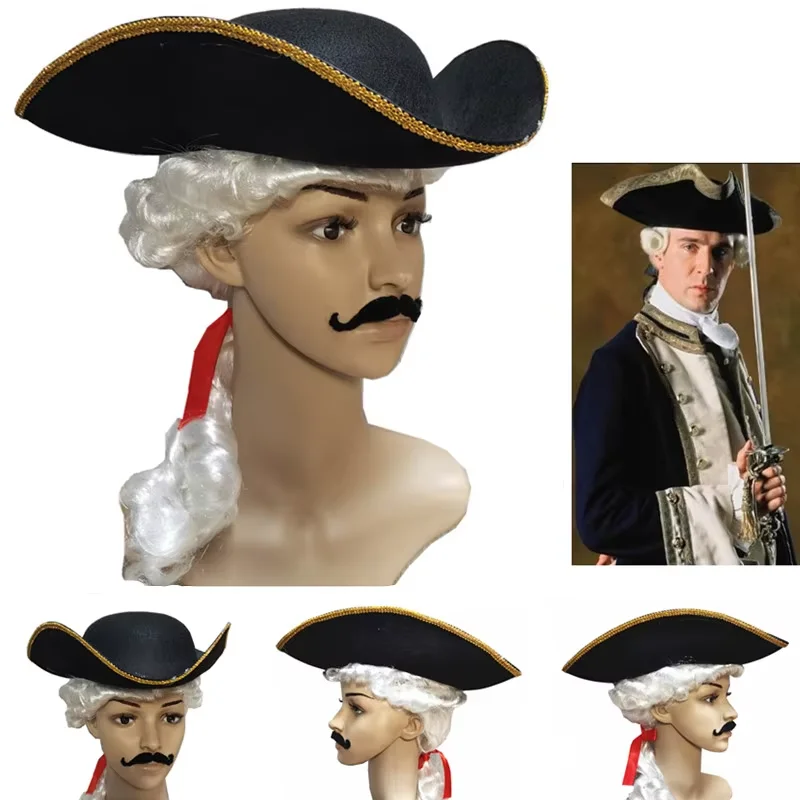 Cappello da pirata nero per adulti con conteggio dei capelli Berretto da avvocato della giustizia Cappello da gentiluomo Accessori cosplay di Halloween Principe del palazzo