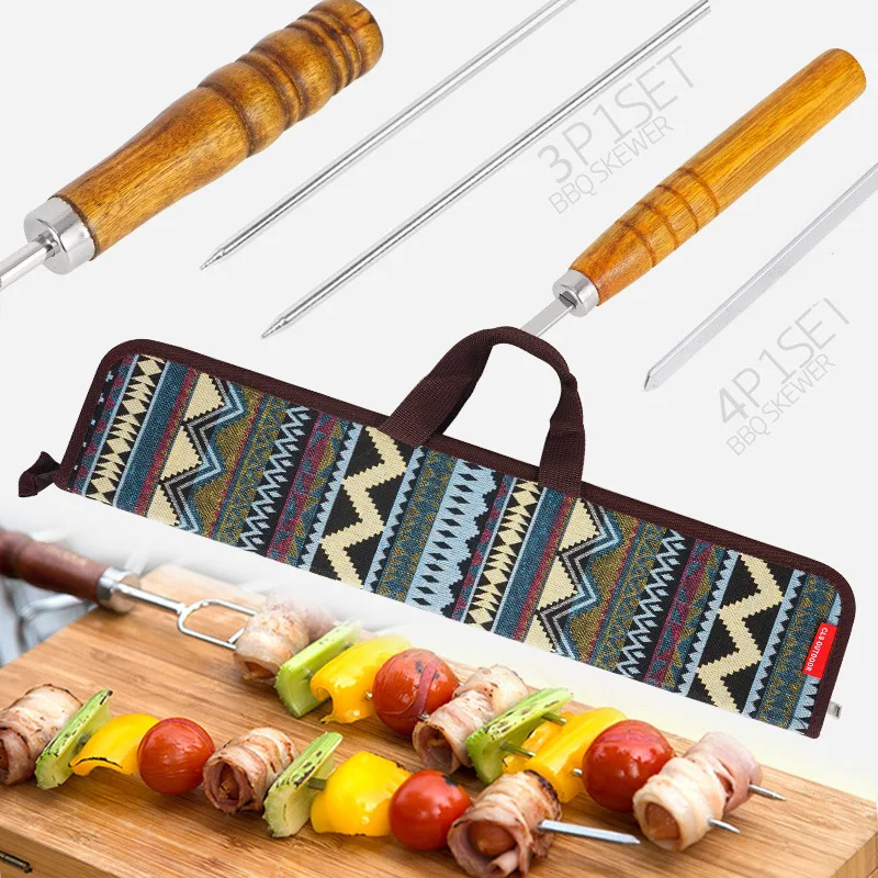 Camping BBQ Skewers 5pcs Steel Flat Skewer Set