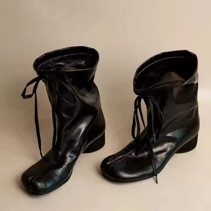 Liyke Autumn Winter Split Toe Shoes Woman Fashion Elastic Band Lace Up Ankle Boots For Women Chunky Heels Chelsea Booties Brown