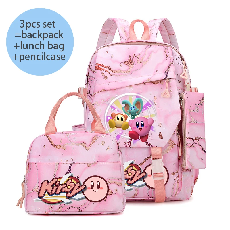 

3pcs Stars Kirbys Backpack Pencil Case Lunch Bag Kawaii Anime Large Capacity Schoolbag Pen Bag Bento Bag Set Back To School Gift
